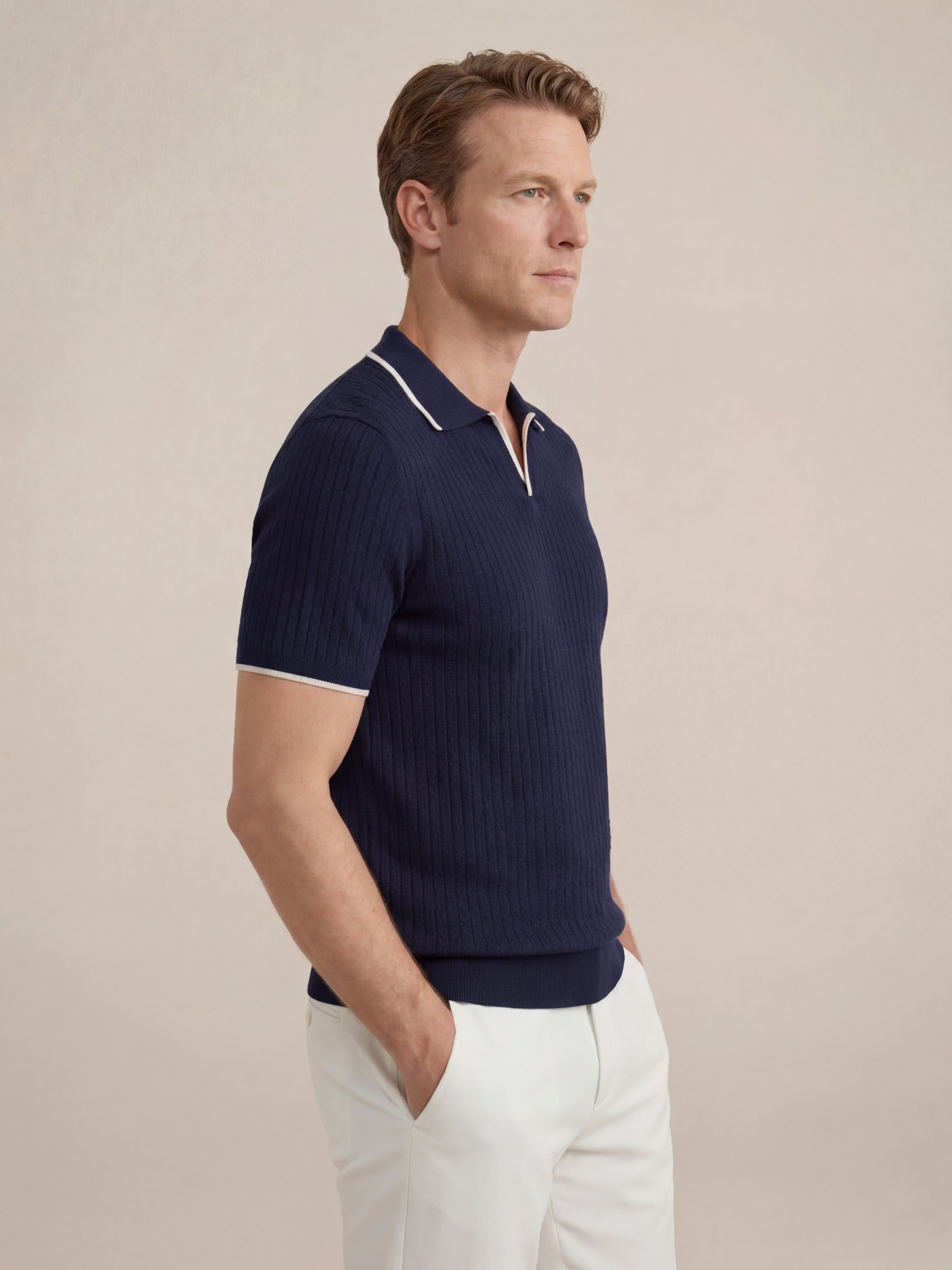 Ravello Ribbed Knit Striped Polo Navy