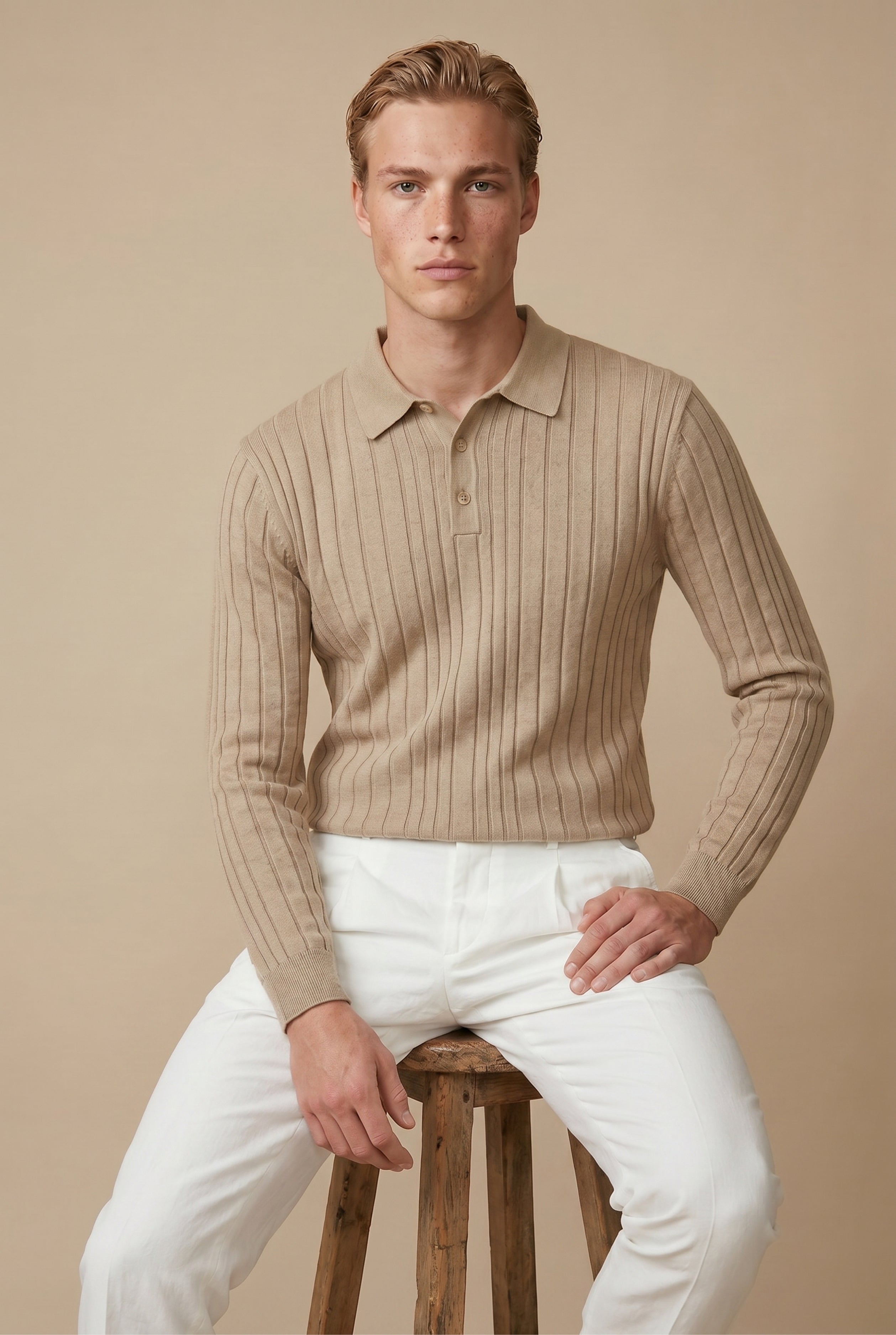 Extrafine Long Sleeve Polo Sand