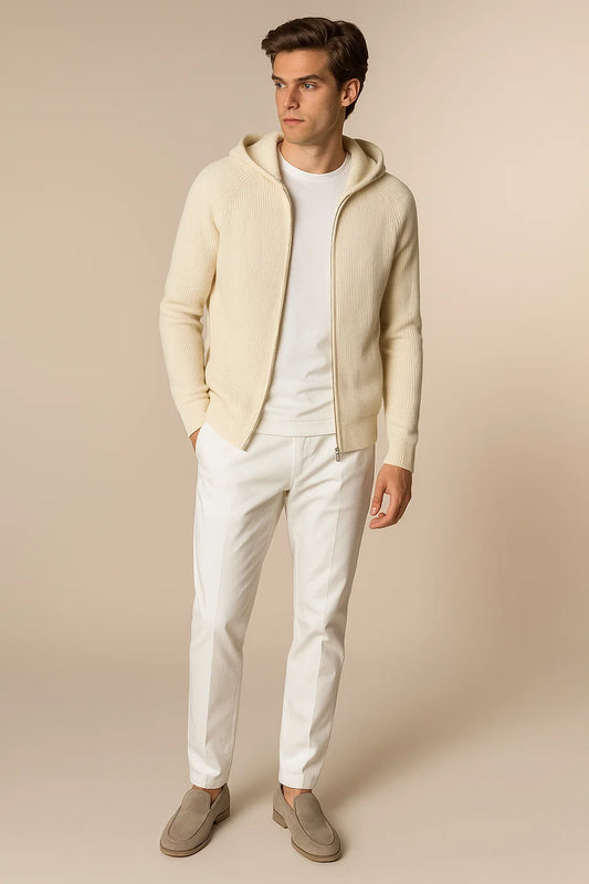 Novaire Hooded Merine Wool Cardigan Beige