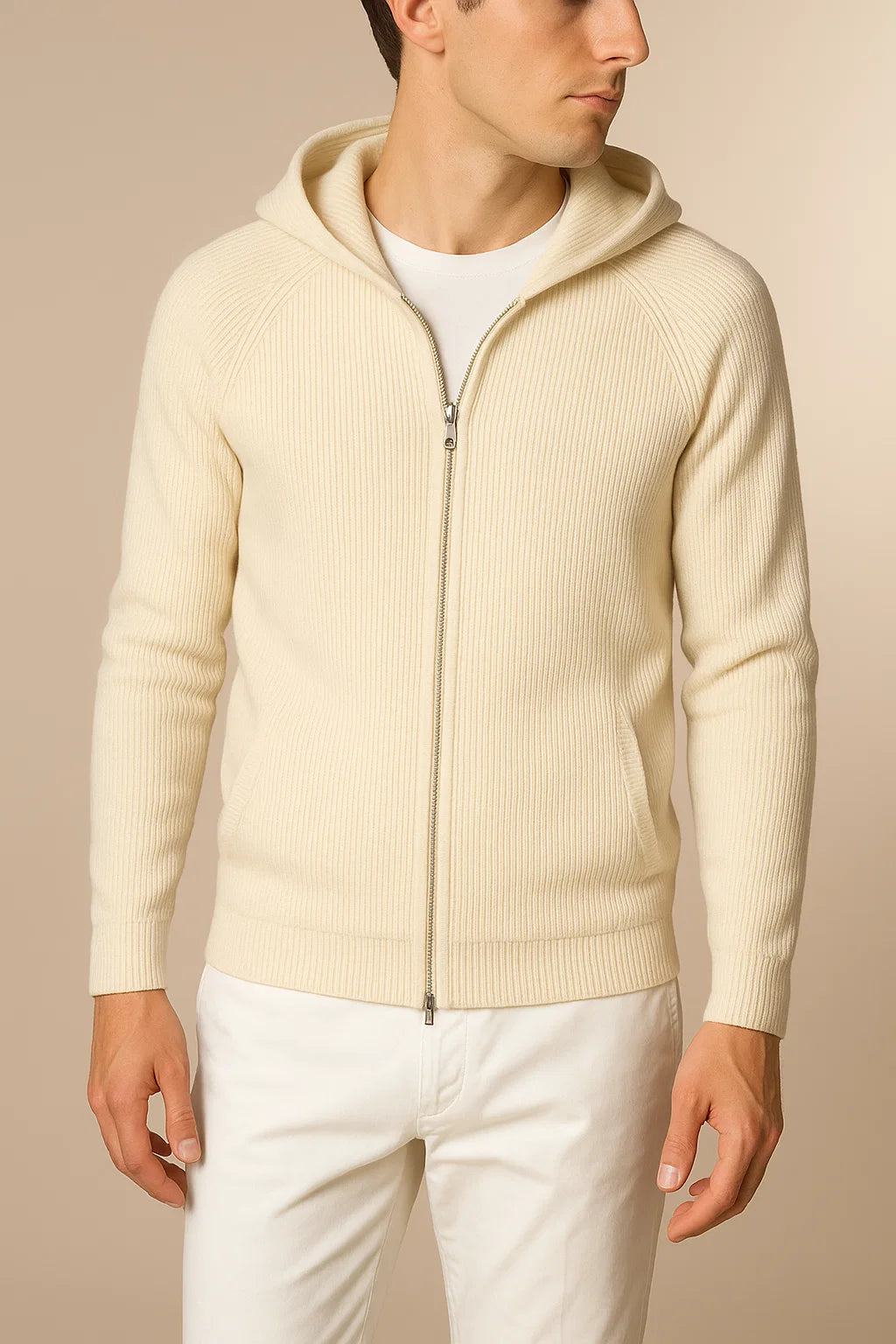 Novaire Hooded Merine Wool Cardigan Beige