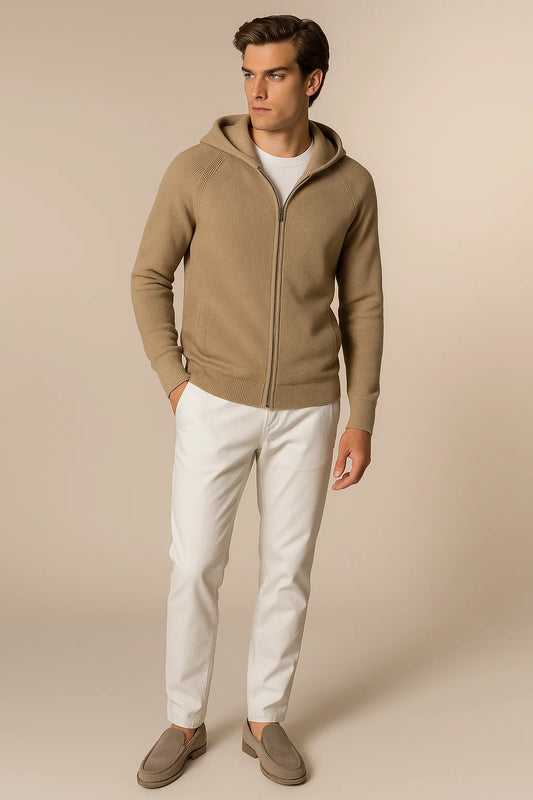 Novaire Hooded Merine Wool Cardigan Khaki