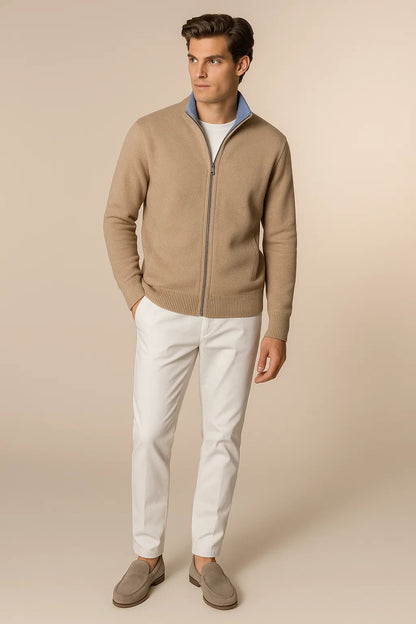Sereno Merino Wool Zip Cardigan Beige 1
