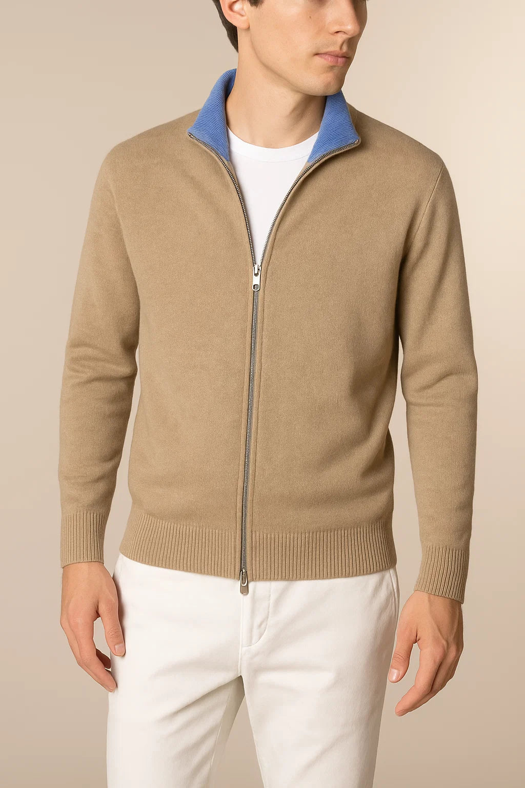 Sereno Merino Wool Zip Cardigan Beige 2
