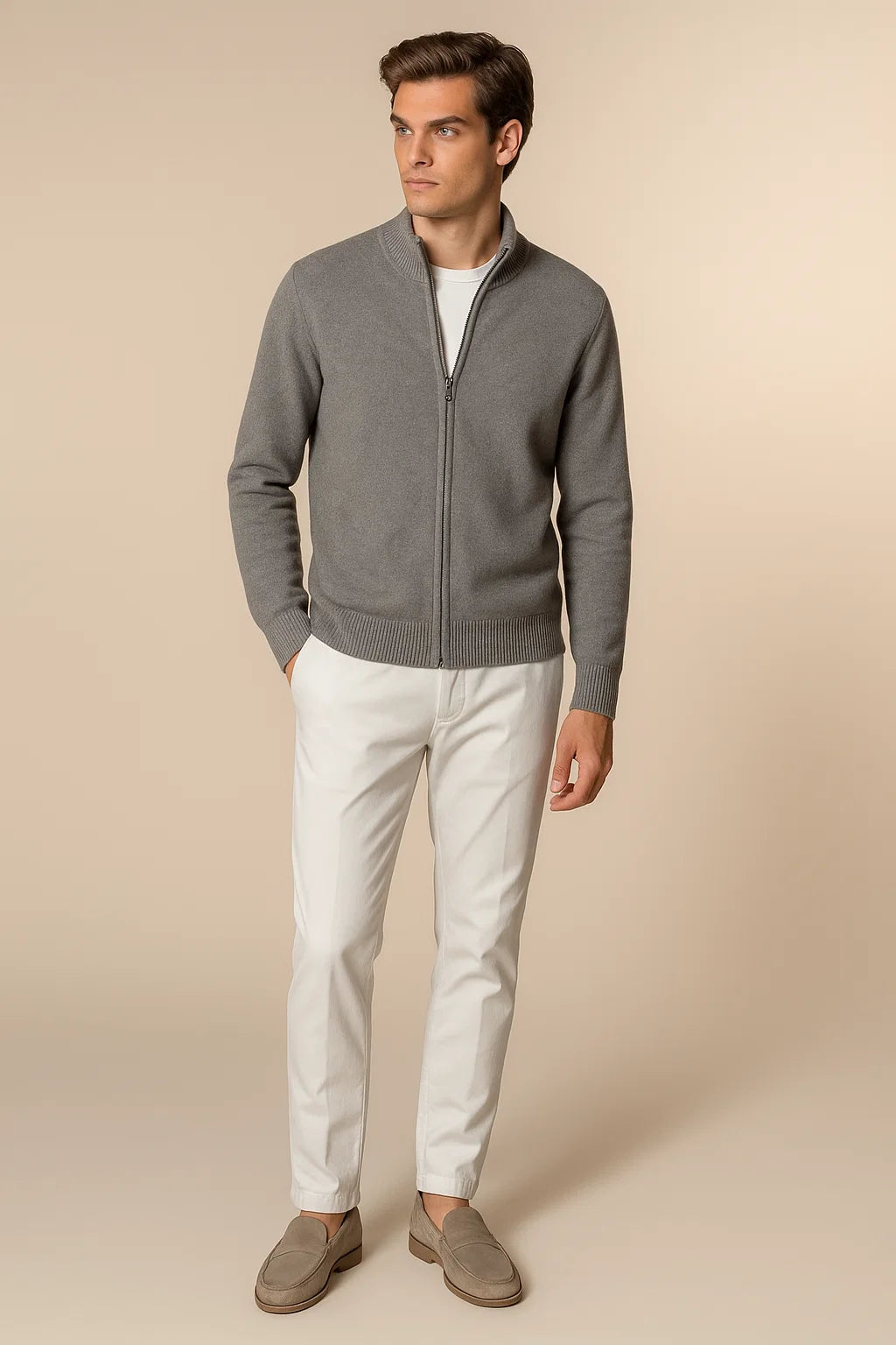Sereno Merino Wool Zip Cardigan Grey 1