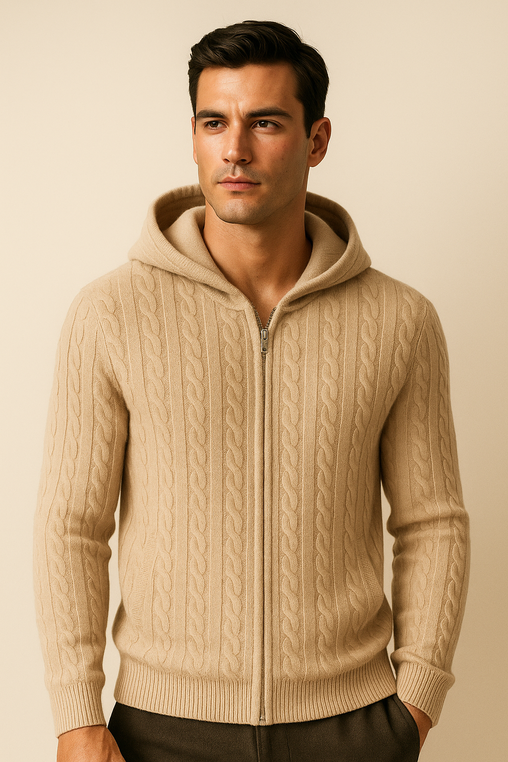 Talieri Hooded Cable Knit Beige 1