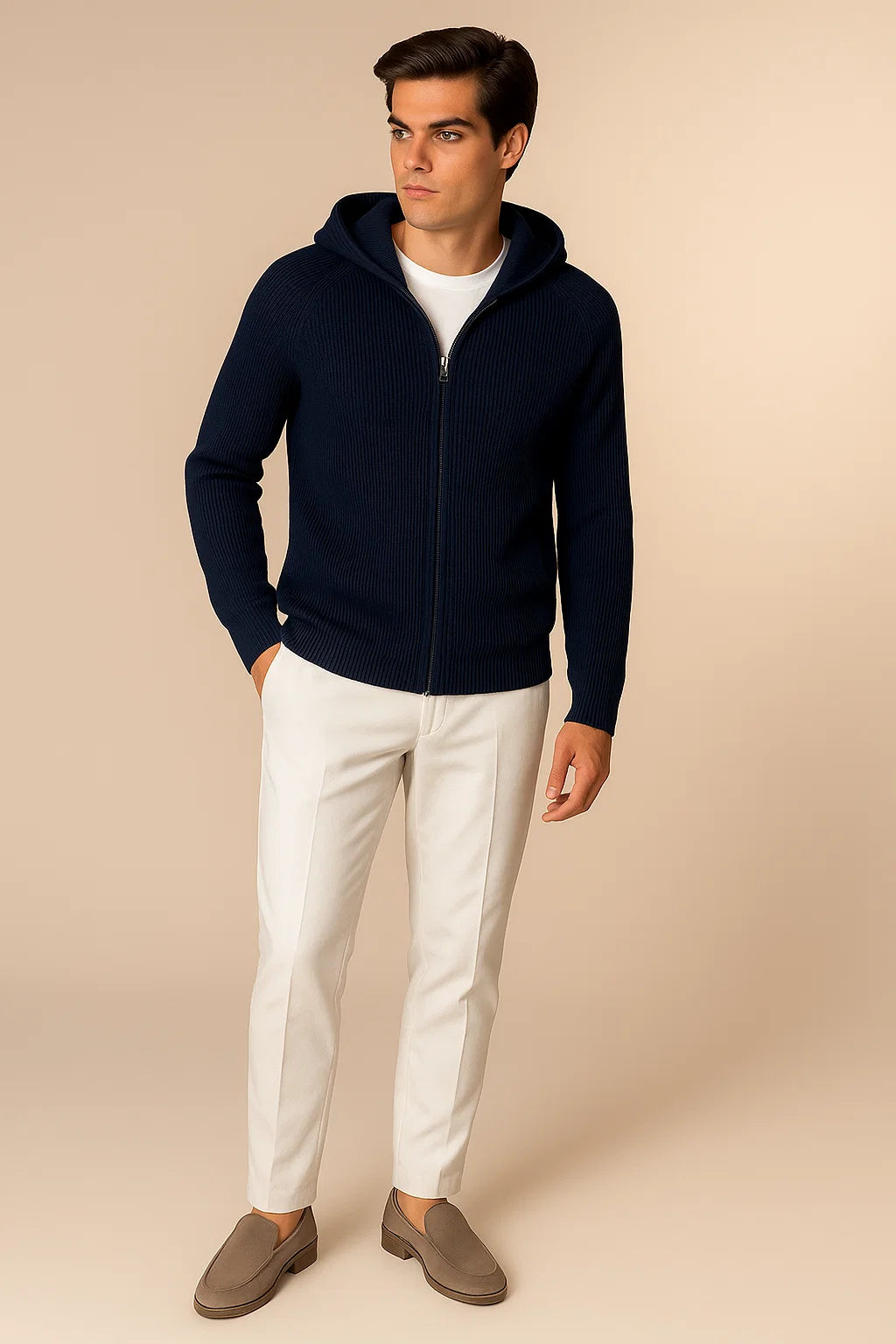 Novaire Hooded Merine Wool Cardigan Navy